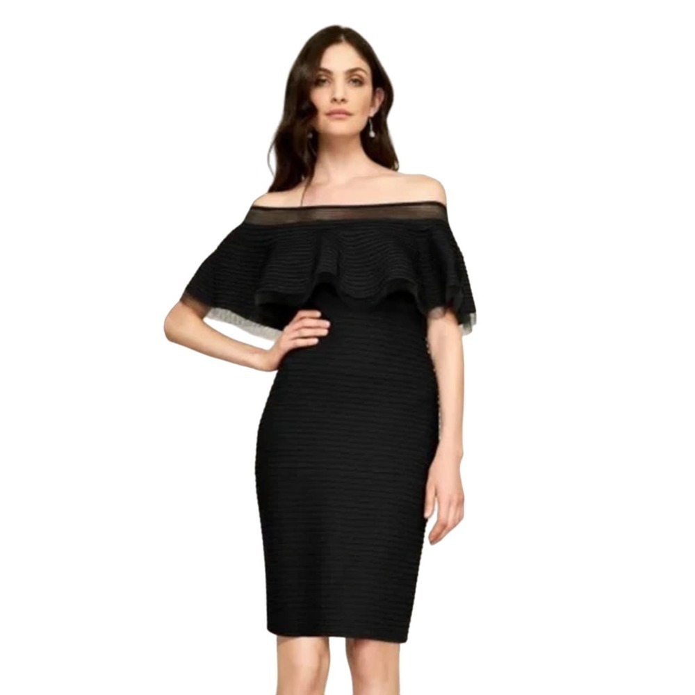 Tadashi Shoji Black Off Shoulder Cocktail Semi Formal Lbd Dress Medium